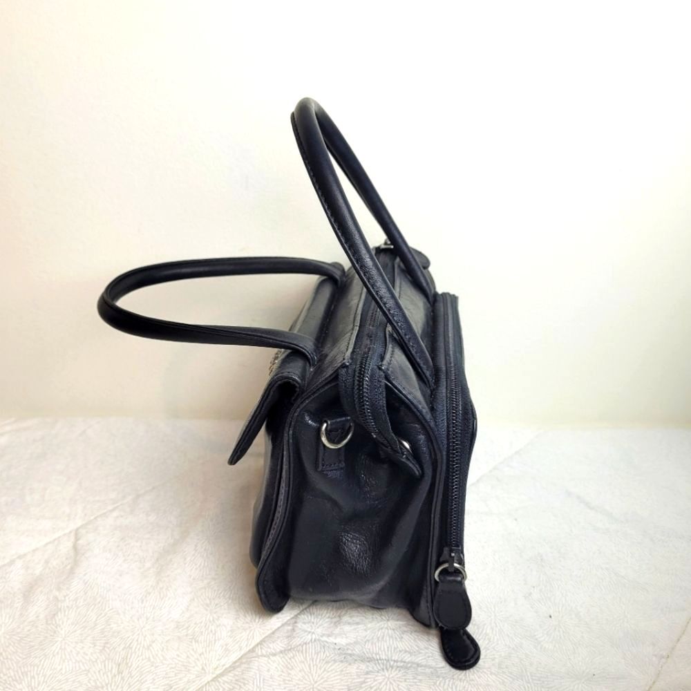 Small Black Leather Cross Body Compact purse handles long strap office classic - Picture 12 of 13